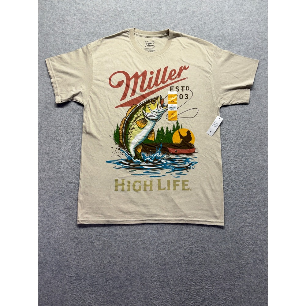 Miller High Life Fishing Bass Graphic T-Shirt Mens Large Egret Beige NWT